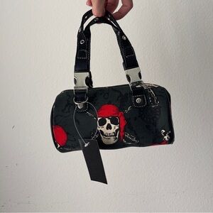 Black Pirate Skull Print Mini Barrel Bag